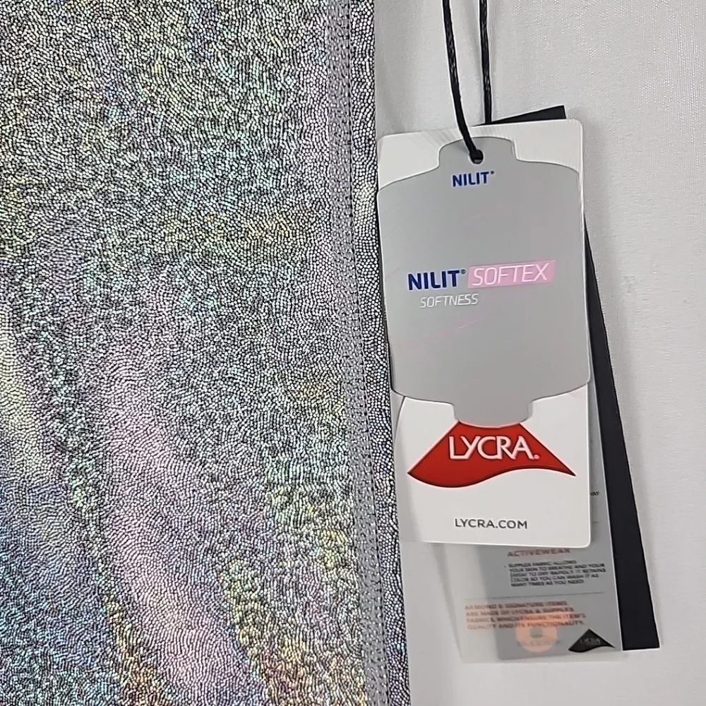 NEW Mono B Women Silver Foil Out Of This World Lycra Nilit Softex Leggings Sz M - Picture 4 of 6